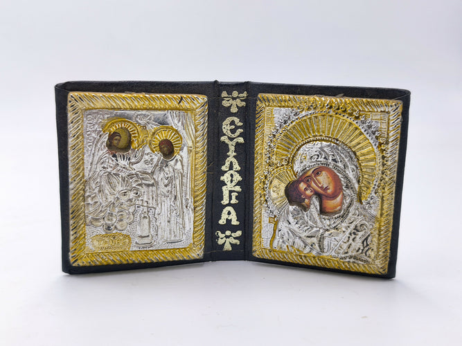 Vintage Greek Orthodox Pocket Diptych Icon Folding Leatherette Travel Icon Book | Virgin Mary Annunciation of Tinos Miniature Shrine