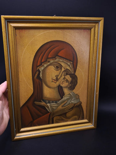 Rare Antique Greek Orthodox Icon | Virgin Mary Child Jesus | Framed Vintage Art