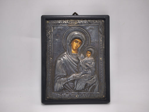 Greek Byzantine Icon of Virgin Mary & Baby Jesus | 950 Pure Silver Orthodox Christian Art | Home Altar Wall Hanging | 7.9x6.1 in