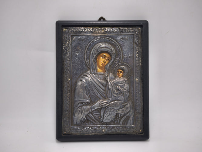 Greek Byzantine Icon of Virgin Mary & Baby Jesus | 950 Pure Silver Orthodox Christian Art | Home Altar Wall Hanging | 7.9x6.1 in