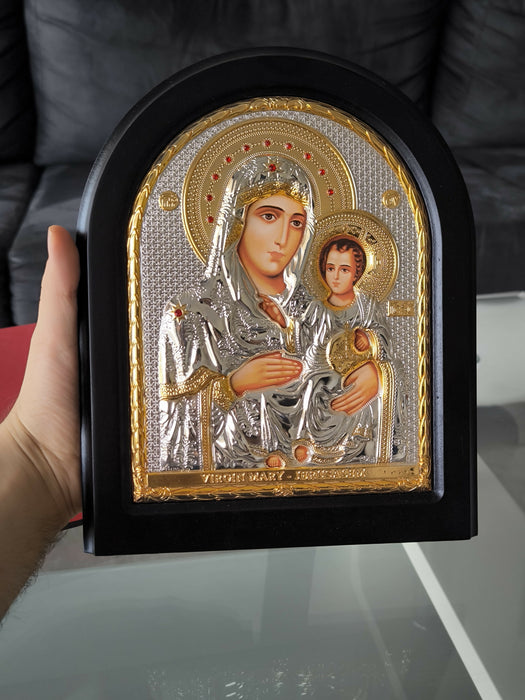 Jerusalem Virgin Mary 12.40"Jesus Icon Silver 950° Religious Wood Handicraft
