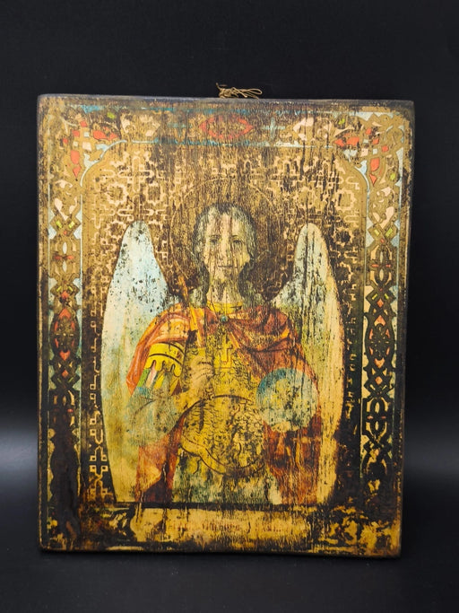 ANTIQUE 1904 ANGEL ICON HAND PAINTED WOOD PANEL ORTHODOX RELIGIOUS ART Michael
