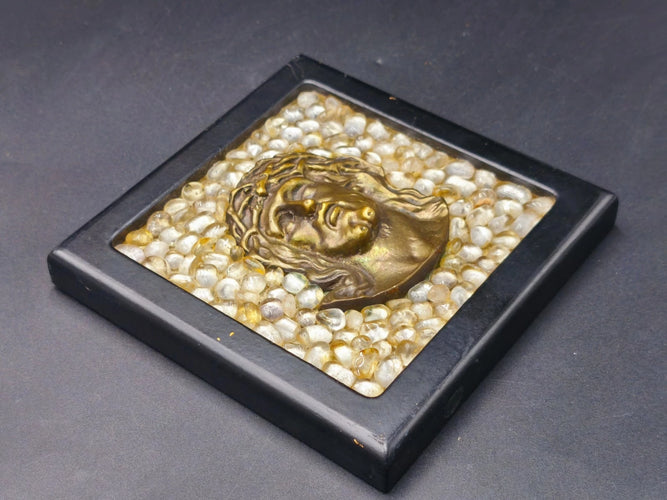 Vintage Jesus Christ Relief Bronze Plaque Natural Quartz Crystal Greek Icon 14cm