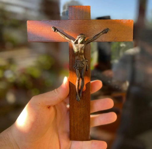 Antique \ Vintage Belgium Wood & Bronze Wall Crucifix Cross 8.2" Catholic Christian Decor