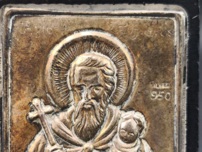 Vintage Greek Silver 950 Orthodox Icon Saint Stylianos Holding Baby Sacred Art