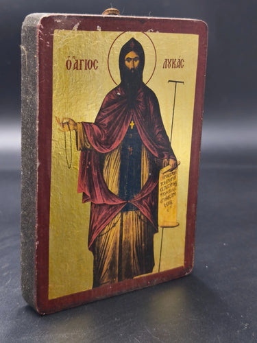Vintage Byzantine Icon Saint Luke Handcrafted Wood Gold Paper Certificate Greek