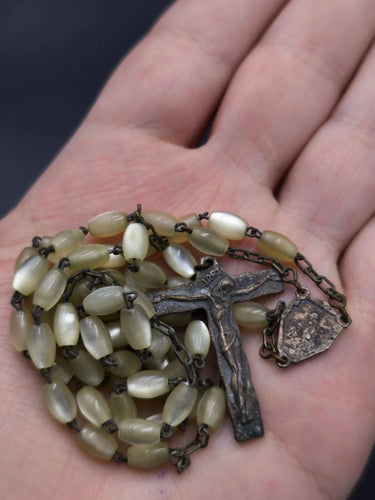 Vintage Mother of Pearl Rosary Necklace 18.5" Brass Crucifix 1.2" x 1" 12g / 0.4