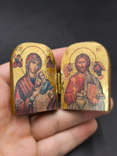 Vintage Miniature Carved Wood Orthodox Diptych Icon Pocket Shrine Virgin Mary & Christ