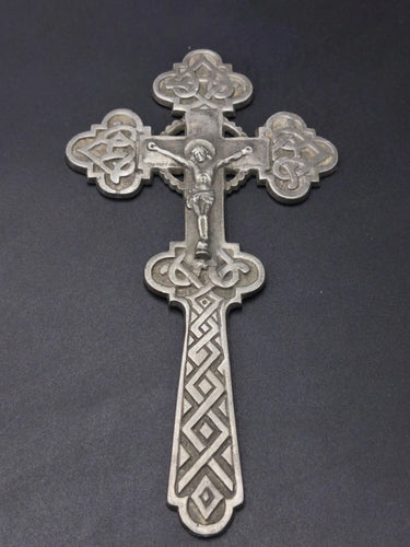 Antique Heavy Metal Hand Blessing Cross Jesus Crucifixion Relief 7.7" 5.3oz