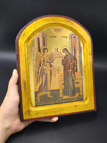 Vintage Greek Orthodox Icon Annunciation Virgin Mary Archangel Gabriel Wood Gold