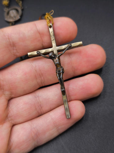 Vintage Italian Wood Rosary Crucifix Mary Sacred Heart Religious Necklace 26in