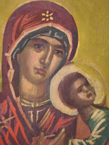 Vintage Hand Painted Orthodox Icon Virgin Mary & Child Jesus Wood Religious Art