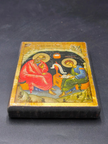 Vintage Greek Orthodox Icon St. John Theologian & Prochorus Wood Mt Athos 1972