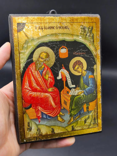 Vintage Greek Orthodox Icon St. John Theologian & Prochorus Wood Mt Athos 1972