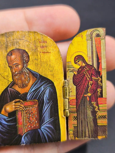 Antique Miniature Carved Wood Triptych Pocket Icon St John Orthodox Greek
