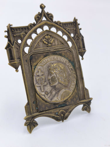 Antique Joan of Arc Mini Brass Shrine, Gothic Arch Picture Frame, Jeanne d'Arc Collectible Plaque, French Catholic Religious Home Decor