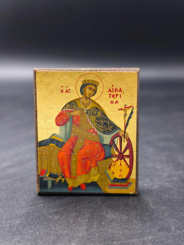 Vintage Miniature Byzantine Icon St. Catherine of Alexandria Wood Fridge Magnet 2.4"