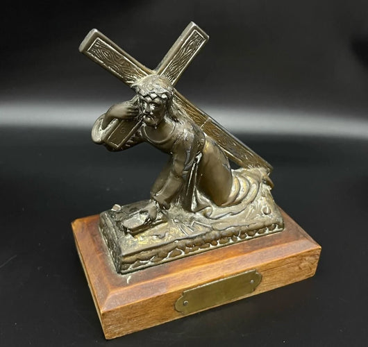 Vintage Bronze Tone Jesus Carrying Cross Figurine Sculpture Made in Belgium 6.7" 38oz