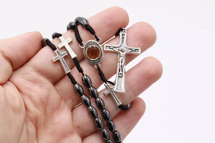 Rosary Black Hematite Bethlehem Hand Made Holy Land Crucifix Necklace Religion