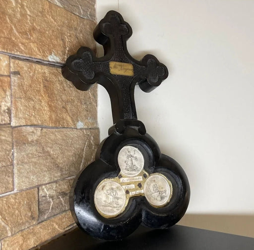 Antique French Black Wood Crucifix & Trefoil Base with Engraved Miniatures & "Mme Degin" Plaque