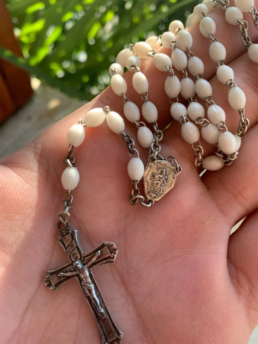 Vintage White Silver Rosary Mother-of-Pearl White Oblong Beads 1920s France †⭐