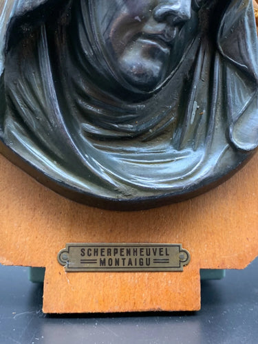 Vintage Scherpenheuvel Montaigu Religious Wall Plaque Bust Wood Metal 8.5"
