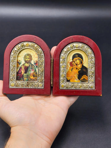 Vintage Greek Orthodox Icon Diptych Jesus Christ & Virgin Mary Red Wood Folding