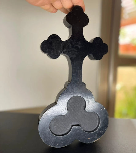 Antique French Black Wood Crucifix & Trefoil Base with Engraved Miniatures & "Mme Degin" Plaque