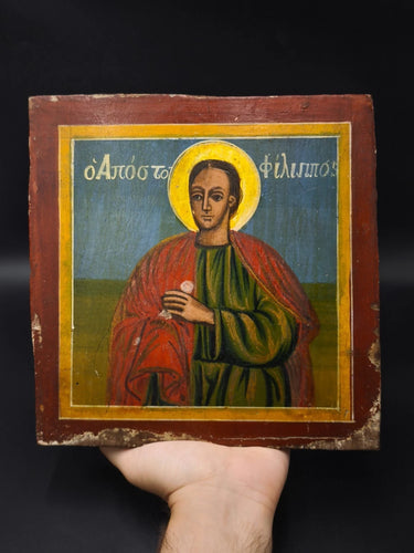 19th Antique Century Greek Orthodox Icon Apostle Philip Hand Painted Wood