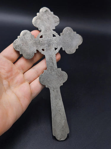 Antique Heavy Metal Hand Blessing Cross Jesus Crucifixion Relief 7.7" 5.3oz