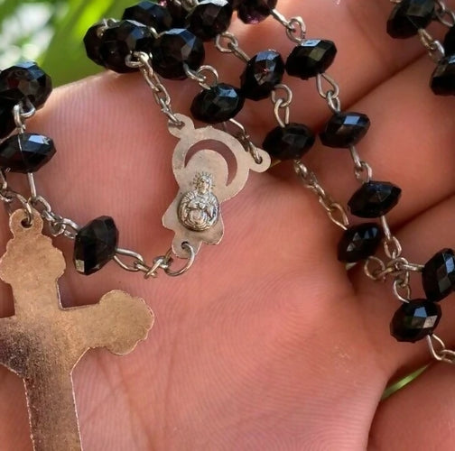 Rosary Vintage crystal black/purple beads Crucifix Catholic Italian †