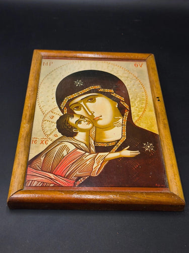 Vintage Greek Orthodox Icon Virgin Mary & Child Jesus Byzantine Style Framed