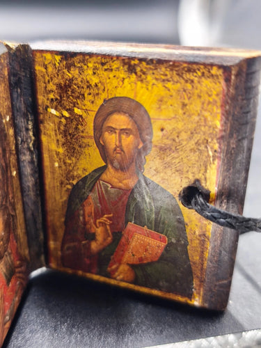 Antique Orthodox Traveling Diptych Icon Leather Jesus Christ Mary 18g
