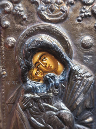 Vintage Greek Orthodox 950 Pure Silver Icon Virgin Mary & Child Byzantine Riza