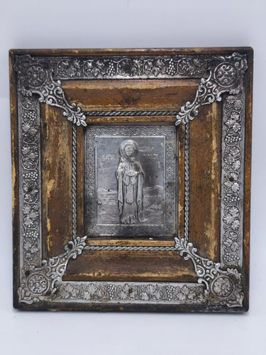 Vintage Silver Plated Saint Paraskevi Icon on Wooden Frame, Antique Greek Orthodox Wall Hanging Relief Art | 6.5x7.1 in