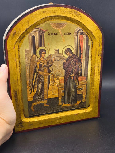 Vintage Greek Orthodox Icon Annunciation Virgin Mary Archangel Gabriel Wood Gold