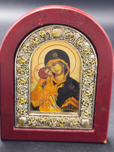 Vintage Greek Orthodox Icon Diptych Jesus Christ & Virgin Mary Red Wood Folding