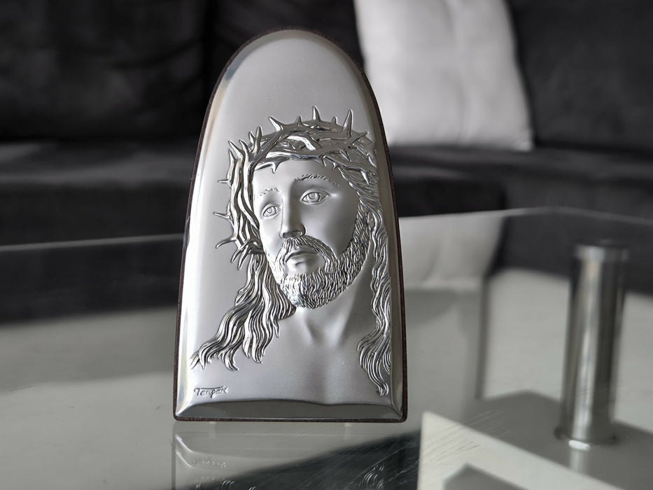 Jesus Christ Icon 4.72" Silver Religious Wood Handicraft Christianity Catholic