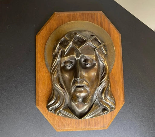 Vintage Bronze metal Jesus Christ Face Plaque on Wooden Wall Panel, Crown of Thorns Relief Art, Christian Decor, 9.4 Inches