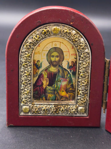 Vintage Greek Orthodox Icon Diptych Jesus Christ & Virgin Mary Red Wood Folding