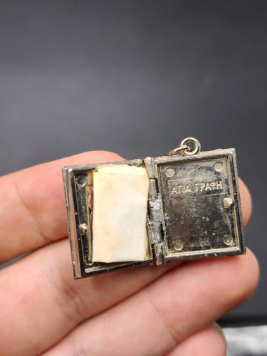 Vintage Greek Miniature Book Locket Pendant Religious Holy Bible Scripture Charm