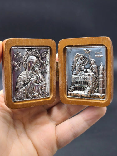 Greek Orthodox Vintage Pocket Diptych Icon Virgin Mary Annunciation Carved Wood Tinos