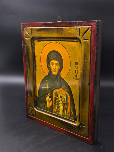 Greek Orthodox Wood Icon Saint Pelagia of Tinos Annunciation 9.5x7.5"