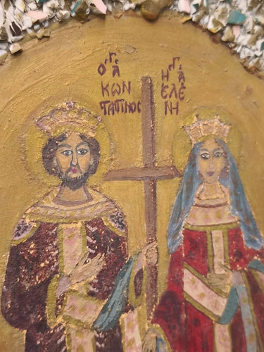 LARGE ANTIQUE HAND-PAINTED GREEK ORTHODOX ICON SAINTS CONSTANTINE & HELEN