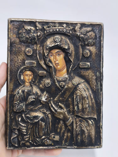 Vintage Greek Byzantine Icon Virgin Mary & Child, Handcrafted 950 Silver Riza Plaque, Mount Athos Greek Religious Wall Art