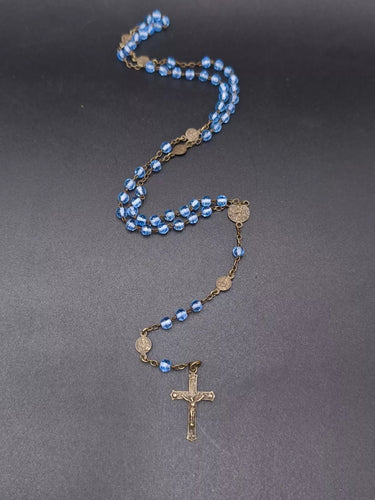 Vintage Blue Glass Rosary Beads Bronze Crucifix Catholic Religious Necklace