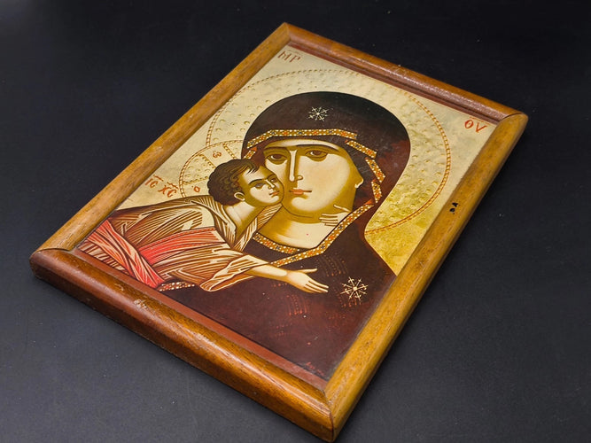 Vintage Greek Orthodox Icon Virgin Mary & Child Jesus Byzantine Style Framed