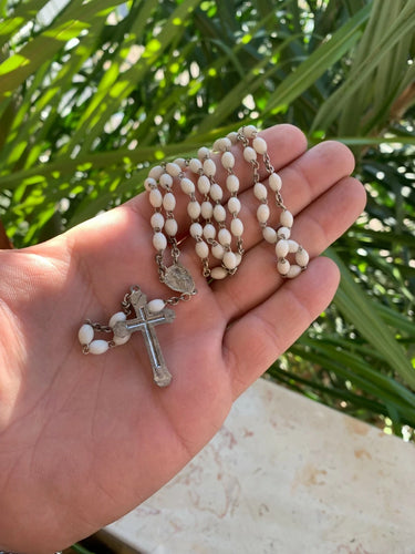 Vintage White Silver Rosary Mother-of-Pearl White Oblong Beads 1920s France †⭐