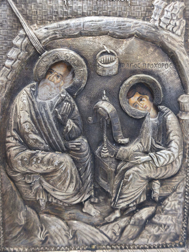 Vintage Greek Byzantine Silver Icon 950, Saint John the Theologian & Prochoros, Orthodox Christian Art, Handmade Wall Hanging Religious