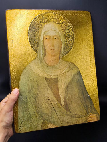 Vintage Virgin Mary Wood Icon Plaque Wall Art Byzantine Madonna Gold Gilt